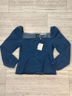 “NWT by Egreis Denim Corset Top Women’s L Puff Sleeve Milkmaid Button Front”